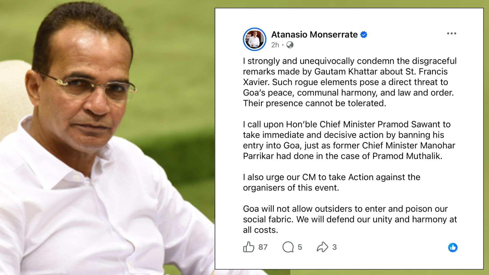 Babush Monserrate seeks ban on Khattar’s entry, action against organisers