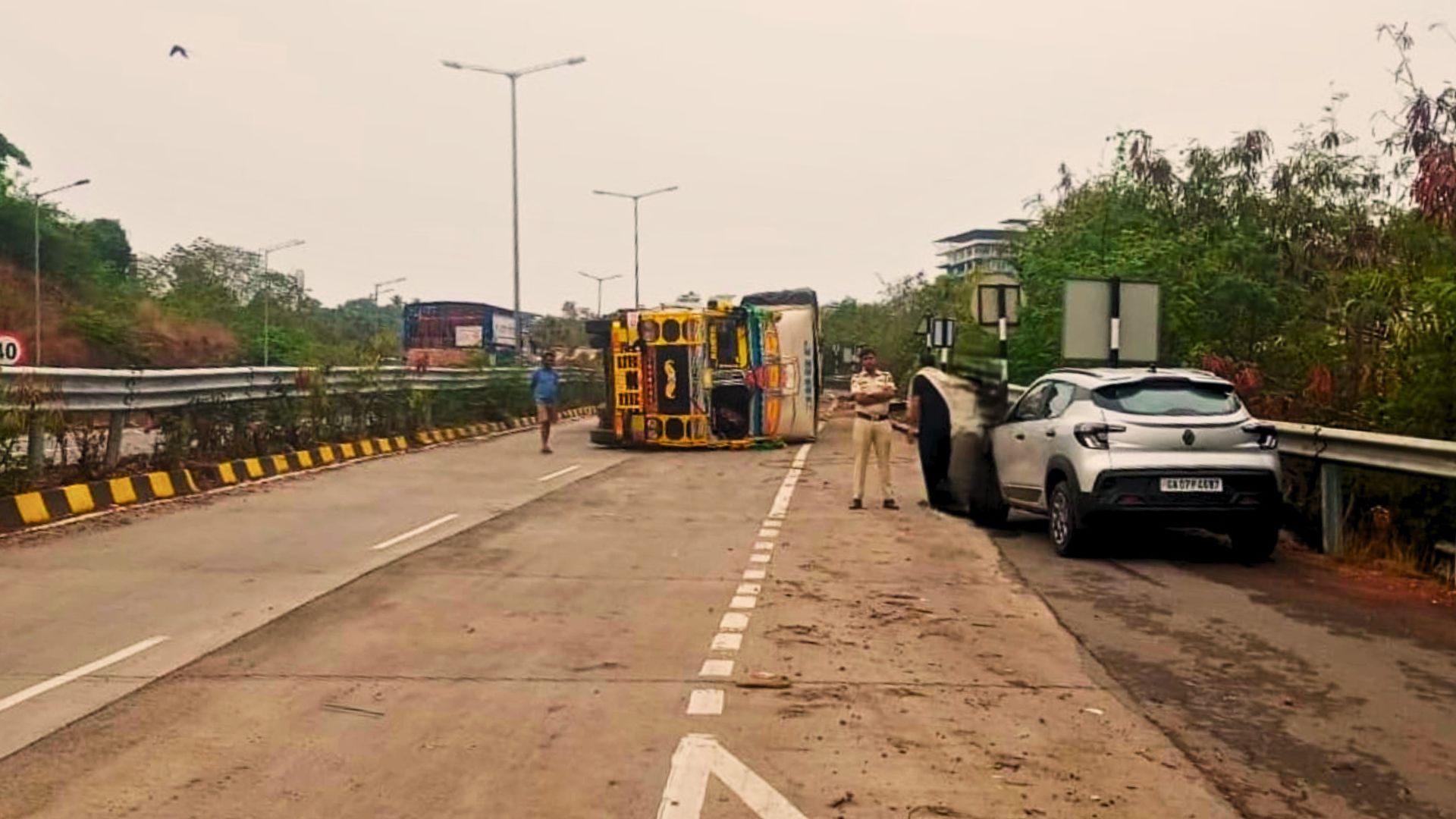 Container truck overturns on NH-66 near Bambolim; traffic diverted