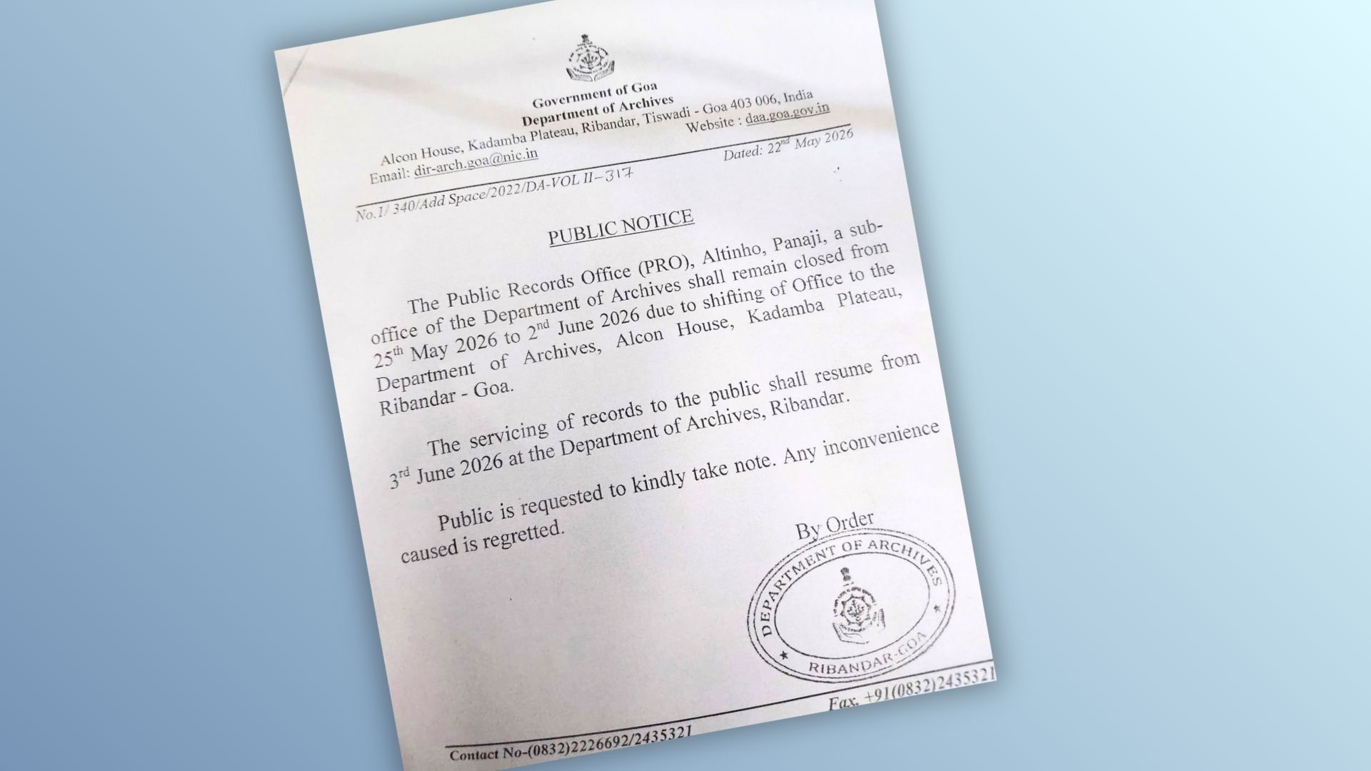 Public Records Office in Panjim to remain closed from 25 May – 2 June