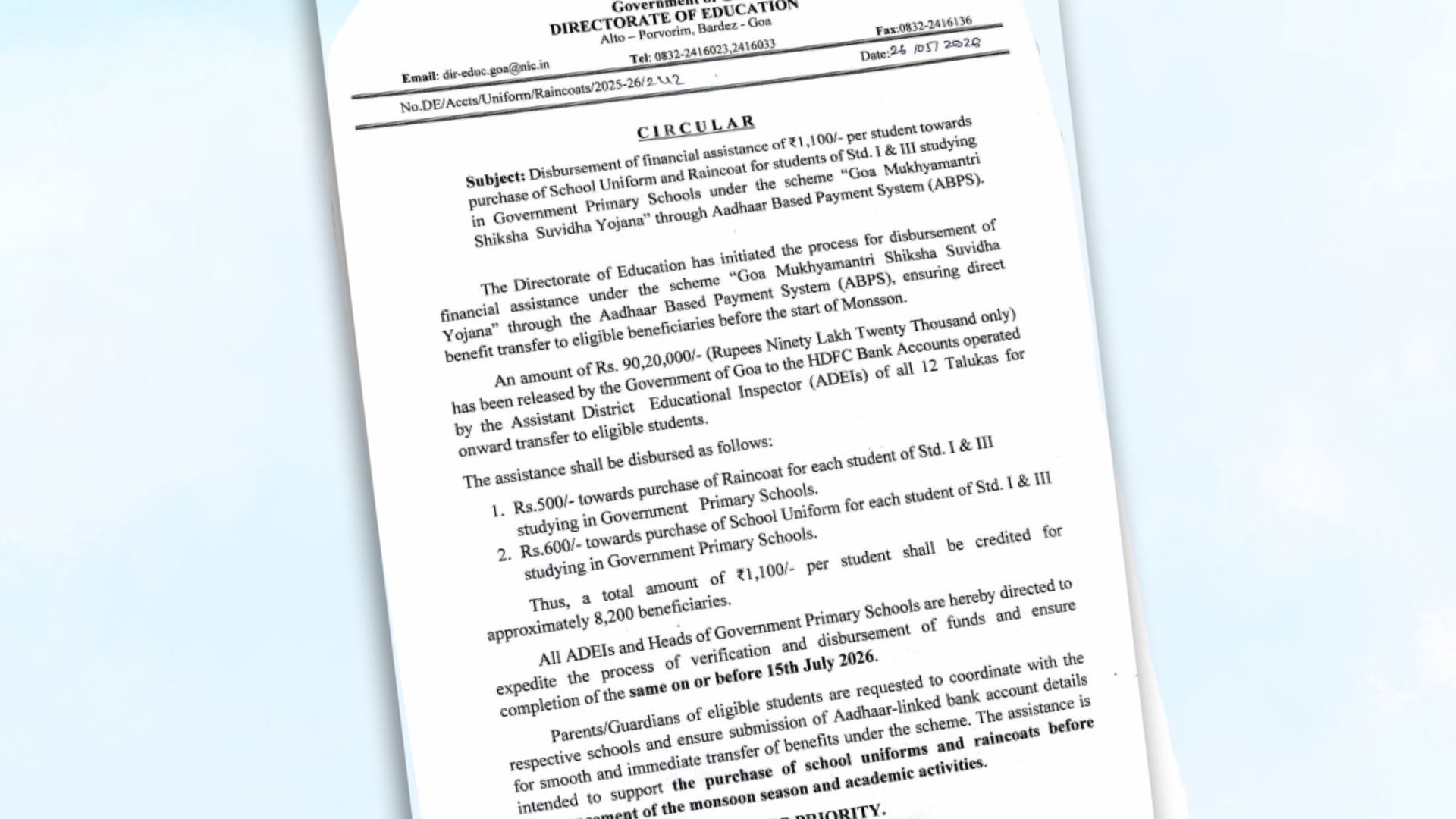 Goa govt to provide Rs 1,100 aid for uniforms and raincoats