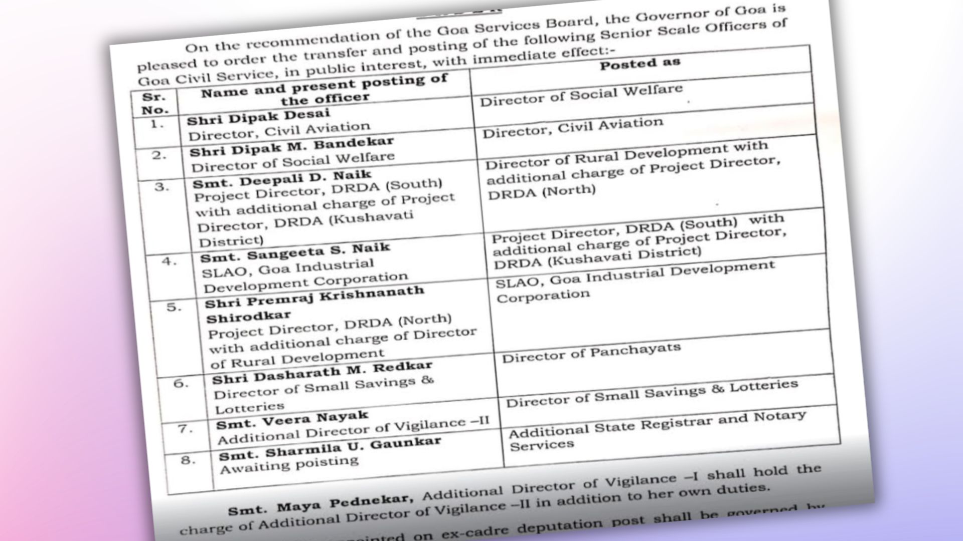 Goa govt announces transfer and posting of senior civil service officers