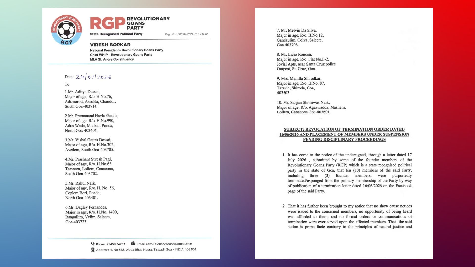 RGP revokes termination order against 10 members; suspends them pending inquiry