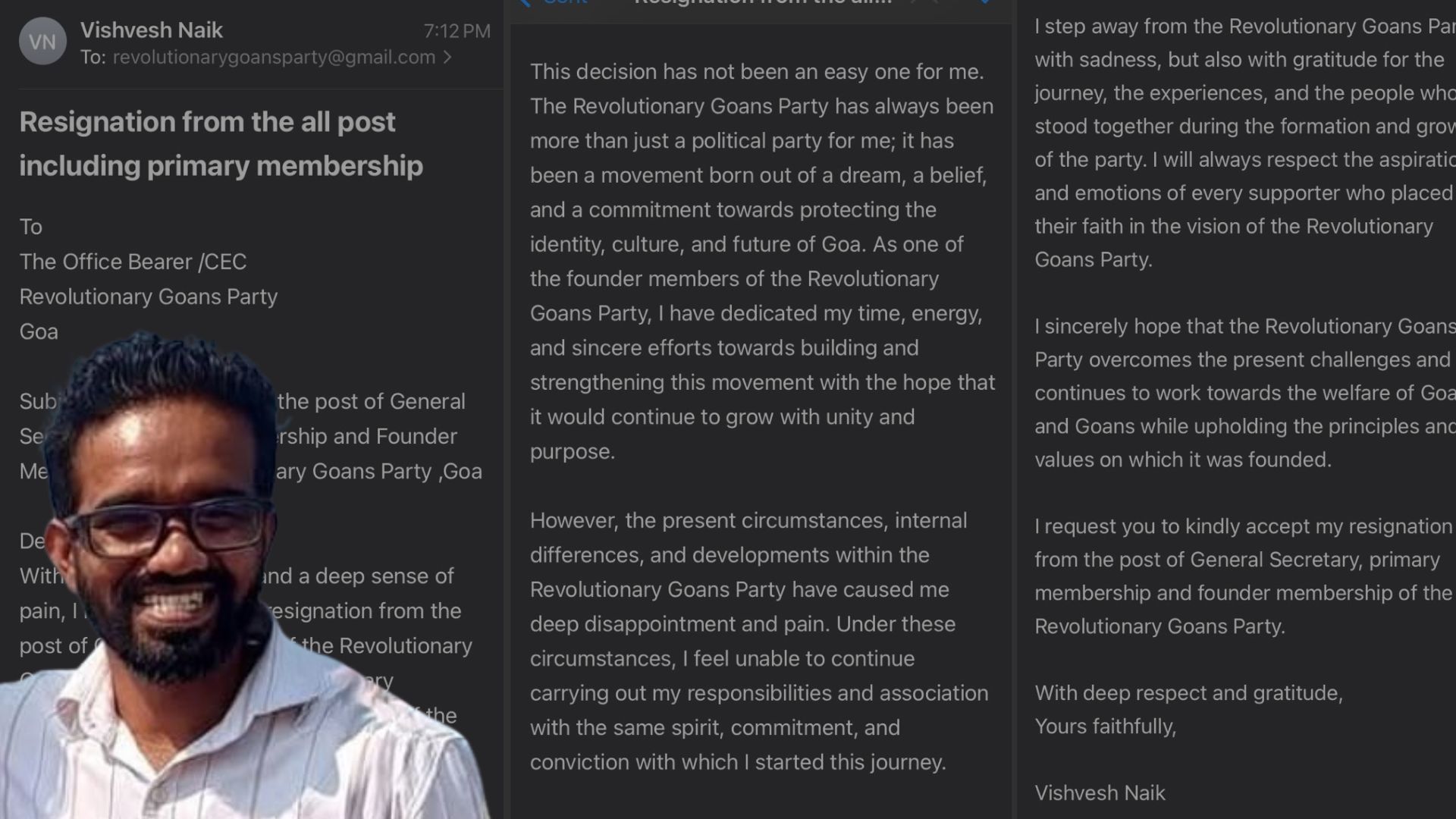 RGP General Secretary Vishvesh Naik resigns from party