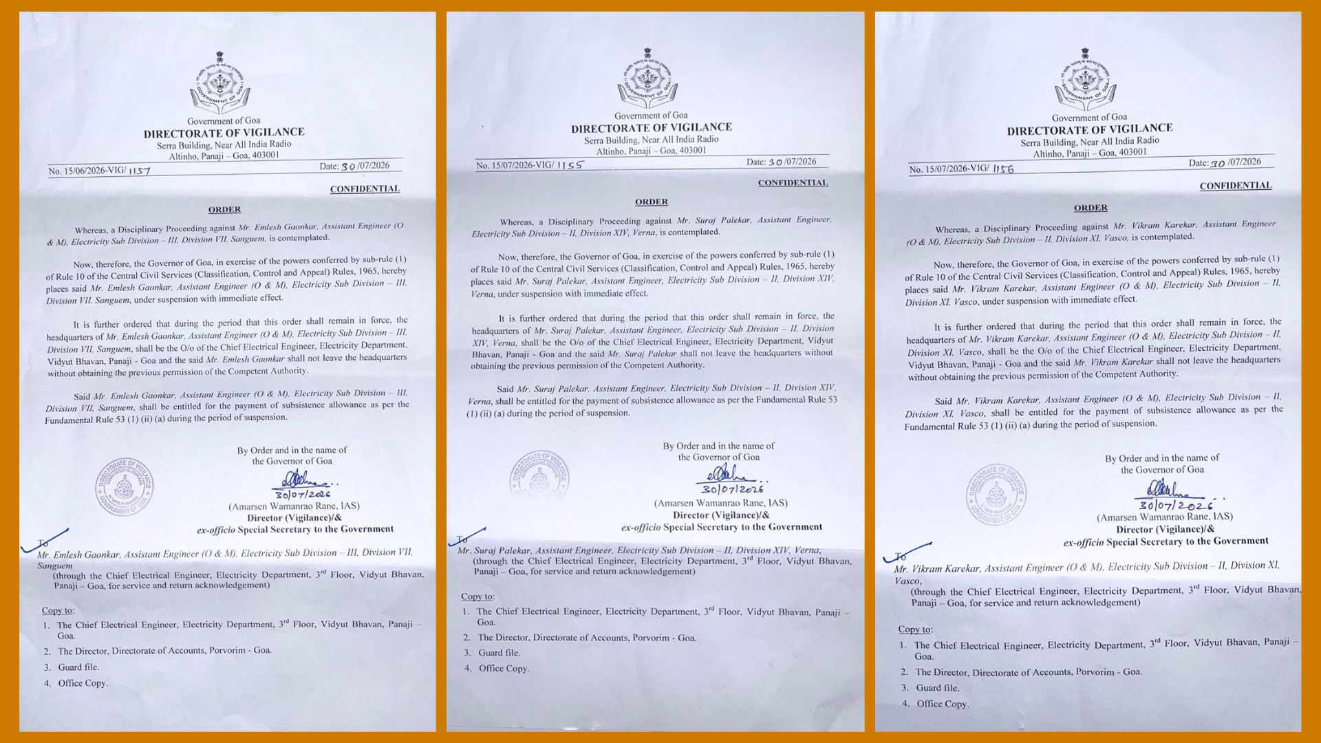 Directorate of Vigilance suspends three Electricity Dept assistant engineers