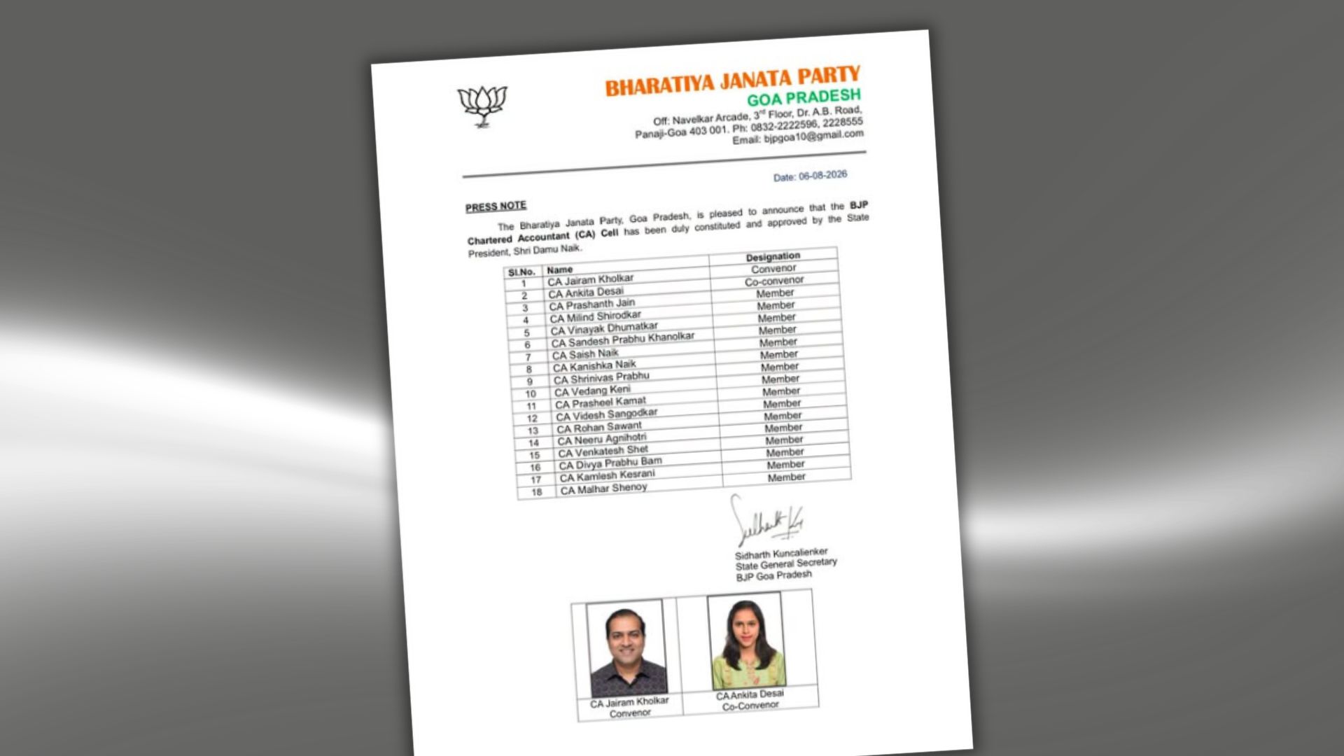 BJP Goa constitutes Chartered Accountant Cell