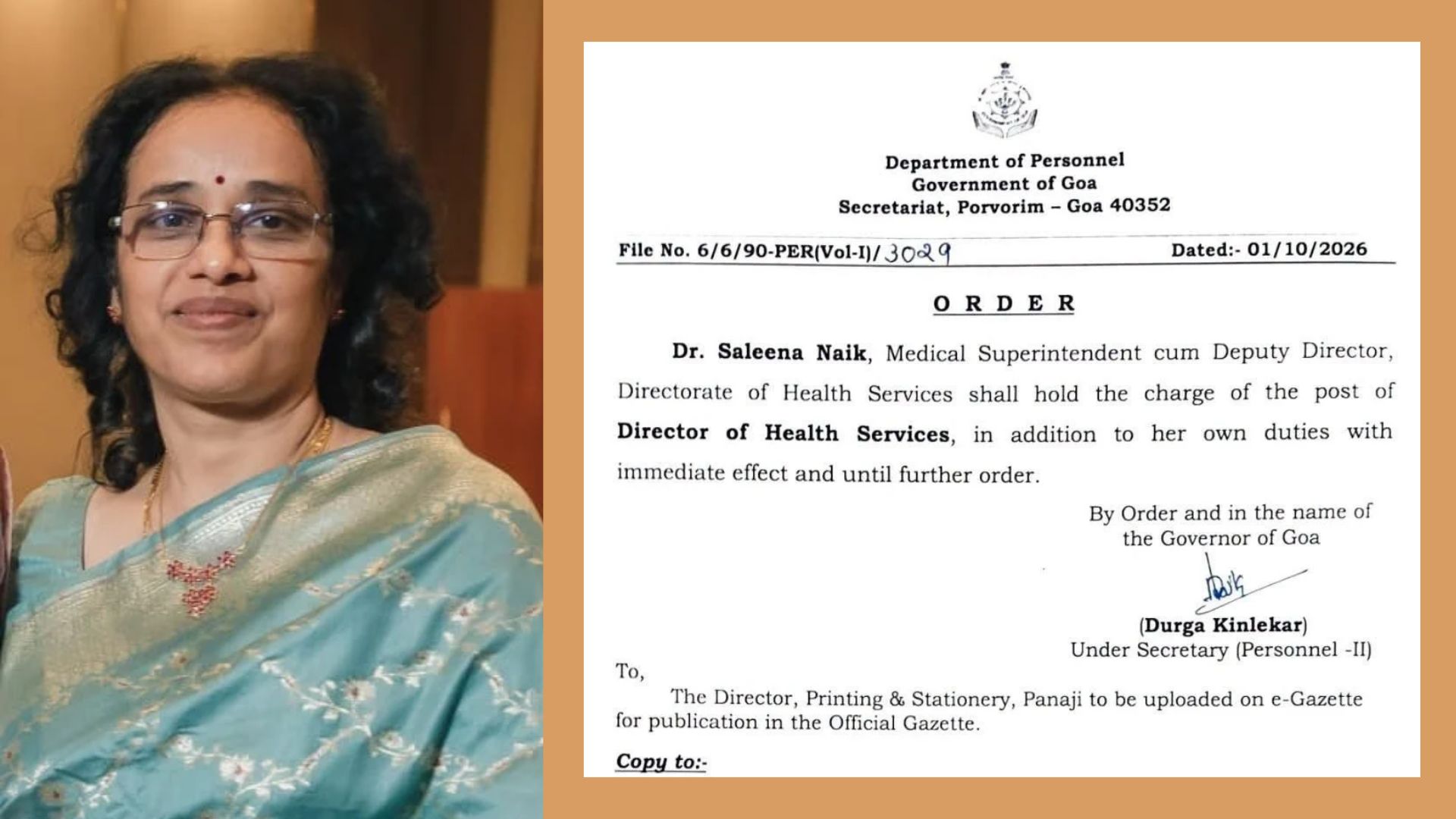 Dr Saleena Naik given additional charge of Director of Health Services
