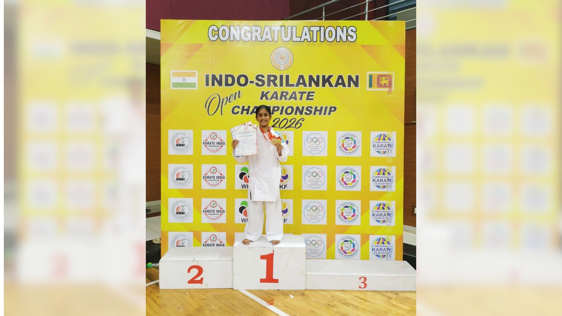 Aarna wins gold and silver at Indo-Sri Lanka Karate Championship
