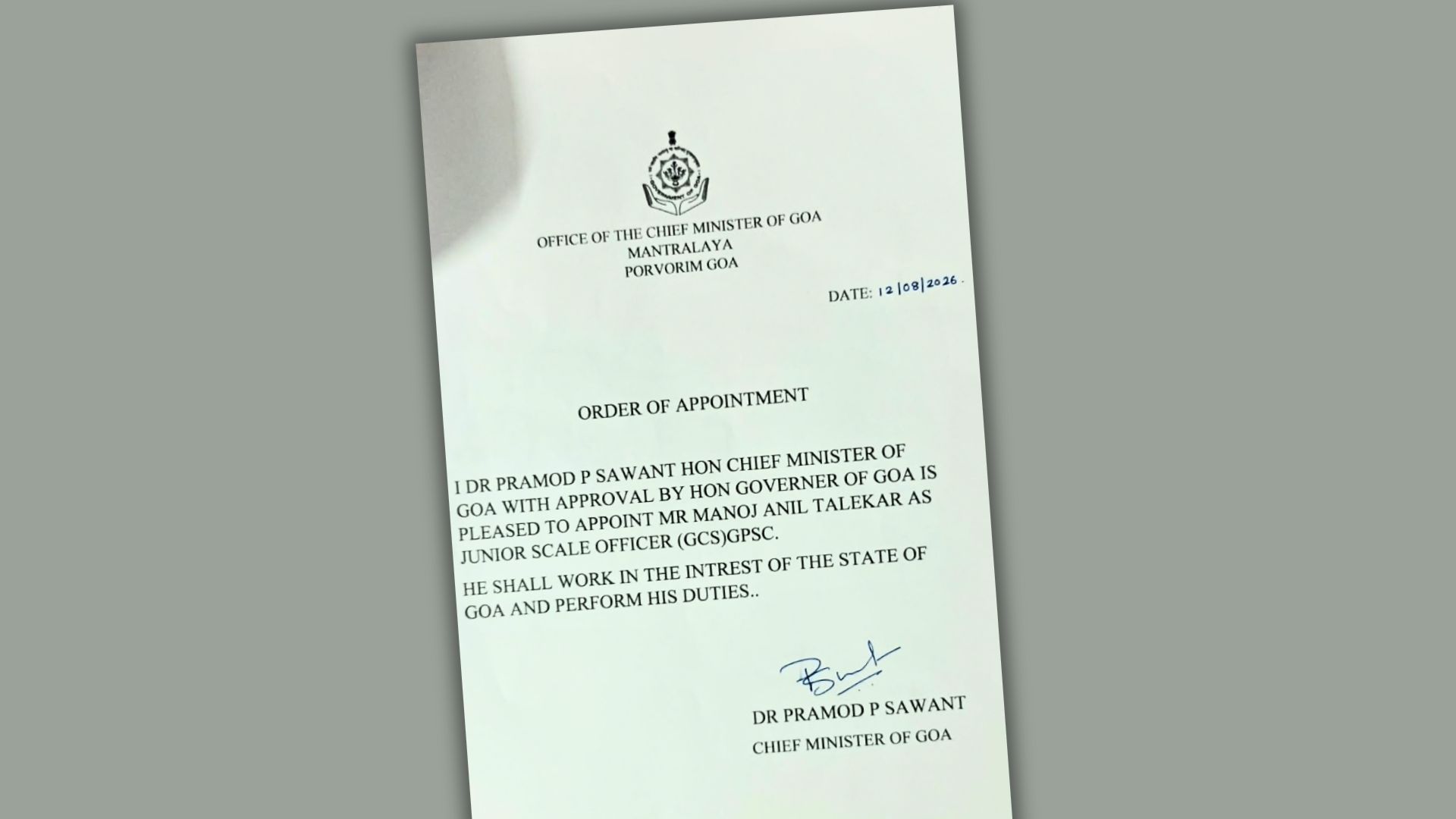 Fake CM letterhead, forged signature used in Goa excise job scam