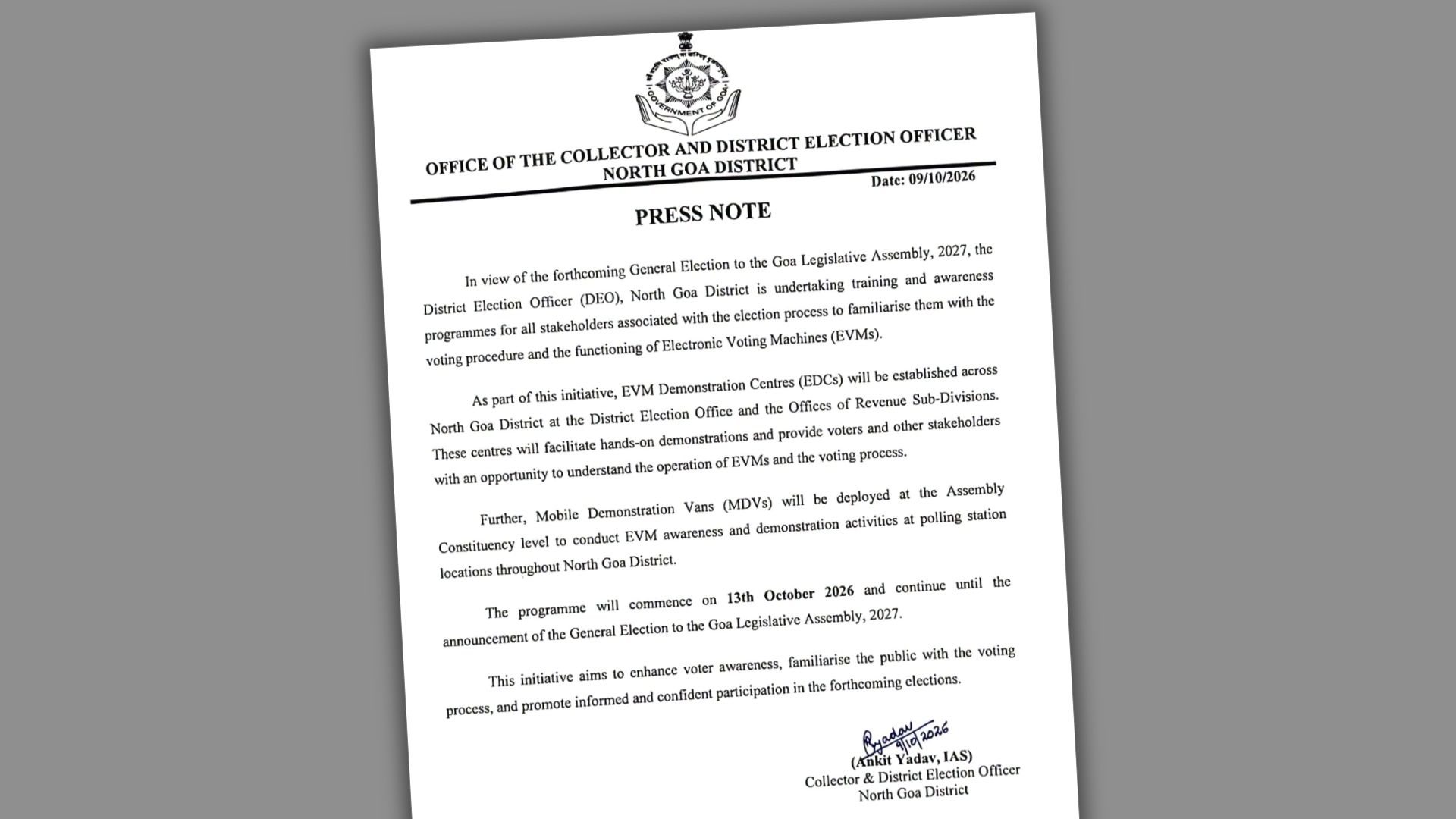 EVM awareness and training sessions to be launched in North Goa from Oct 13
