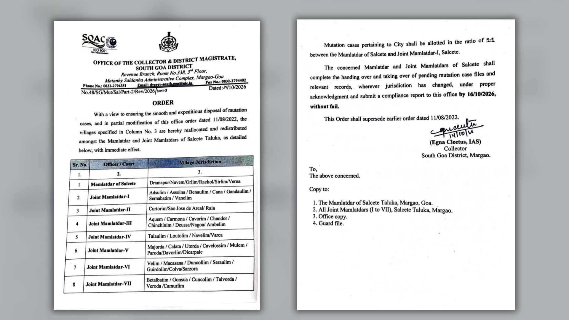 South Goa Collector revises mutation jurisdictions in Salcete