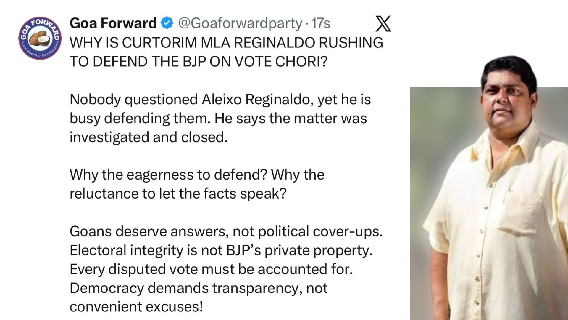 Goa Forward questions Reginaldo’s defence of BJP over vote chori allegations