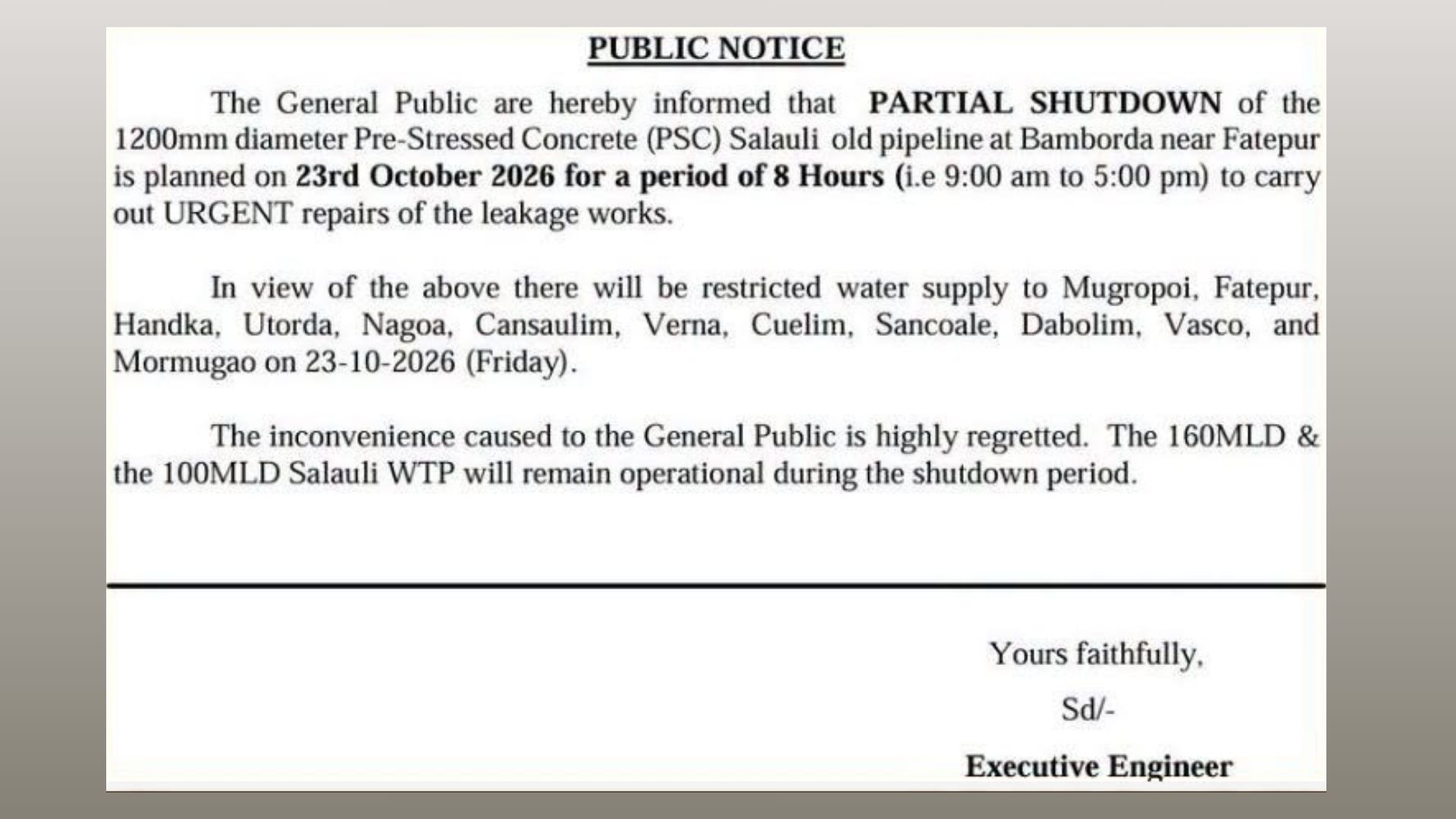 Restricted water supply on October 23